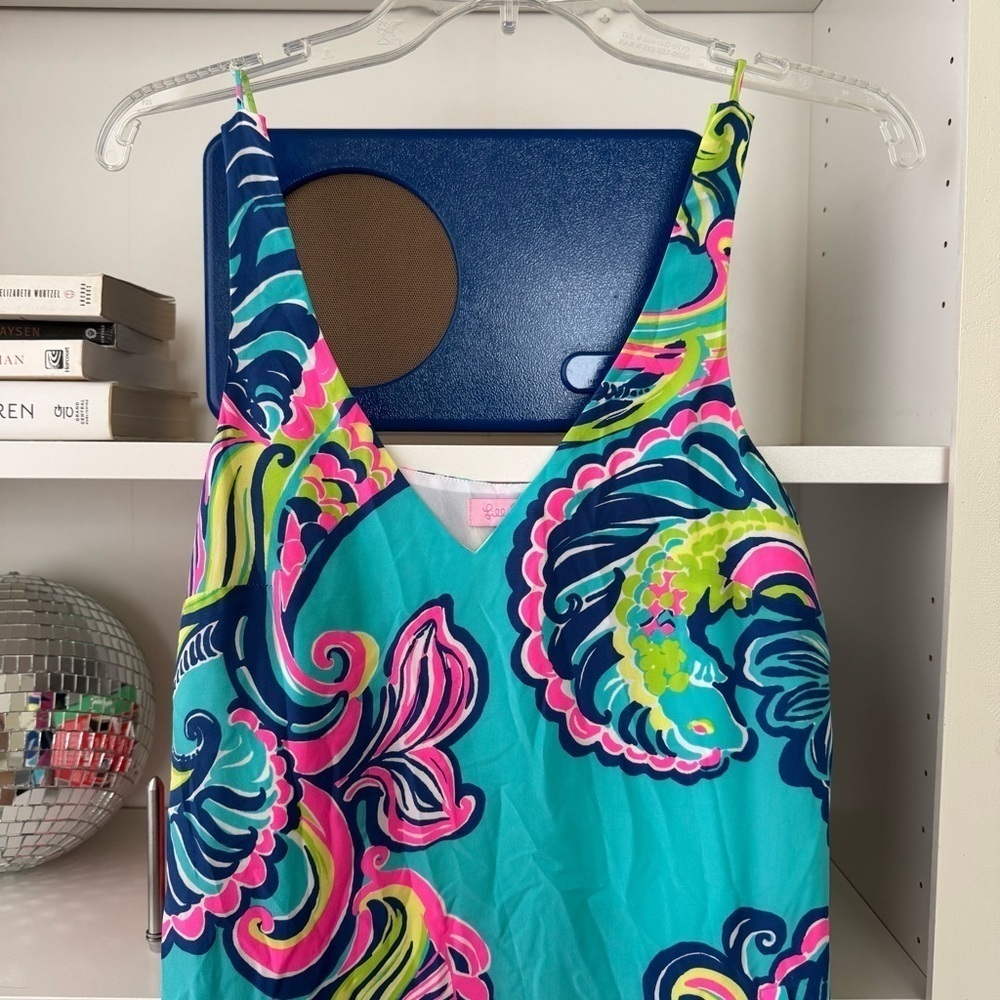 LILLY PULITZER Bailey Sea Blue Private Island Print Silk Dress - Picture 5 of 9